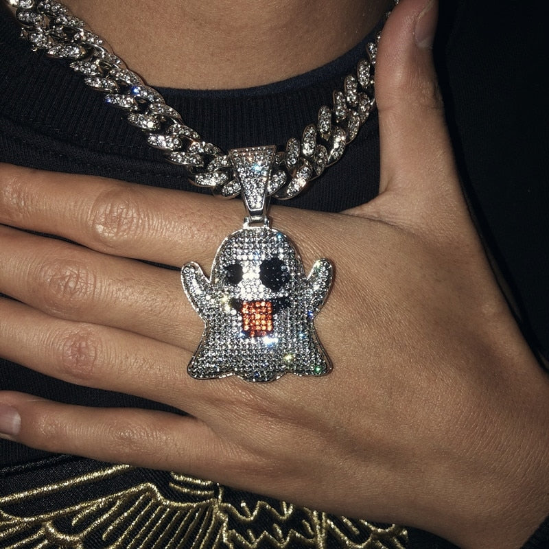 Iced Out Cubic Zircon Ghost Of Grimace Pendant & Necklace For Men Women Hip Hop Jewelry With Miami Cuban Chains