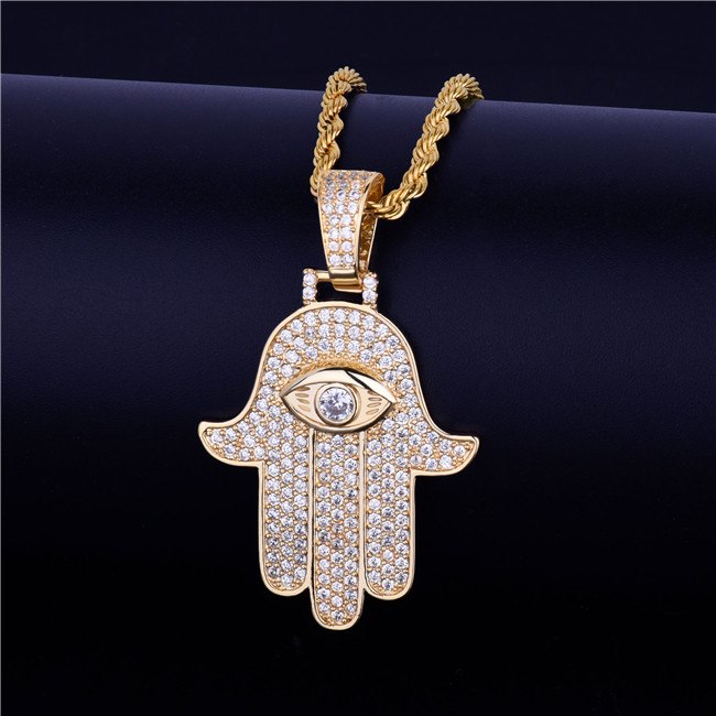 Iced Out Fatima Hand Pendant Necklace Free Steel Cuban Chain Gold Color Cubic Zircon Men's hop Jewelry For Gift