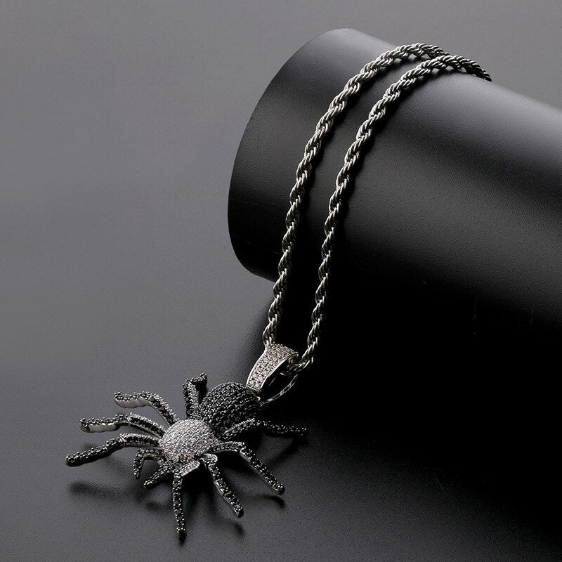 Iced Out Full Cubic Zirconia Spider Pendant Necklace  Hip Hop Black Widow Jewelry For Men Women Party Gift