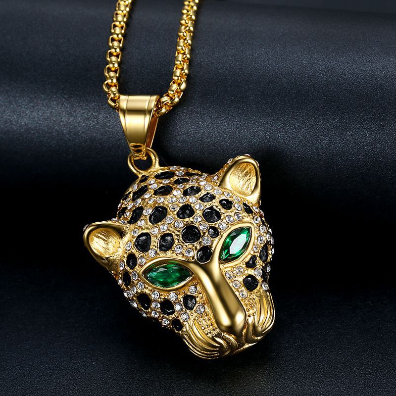 Iced Out Green Eyed Leopard head Pendant Necklace Men's Stainless Steel Golden Chain Hip Hop Jewelry  Punk 2021 Trend Friends Gi