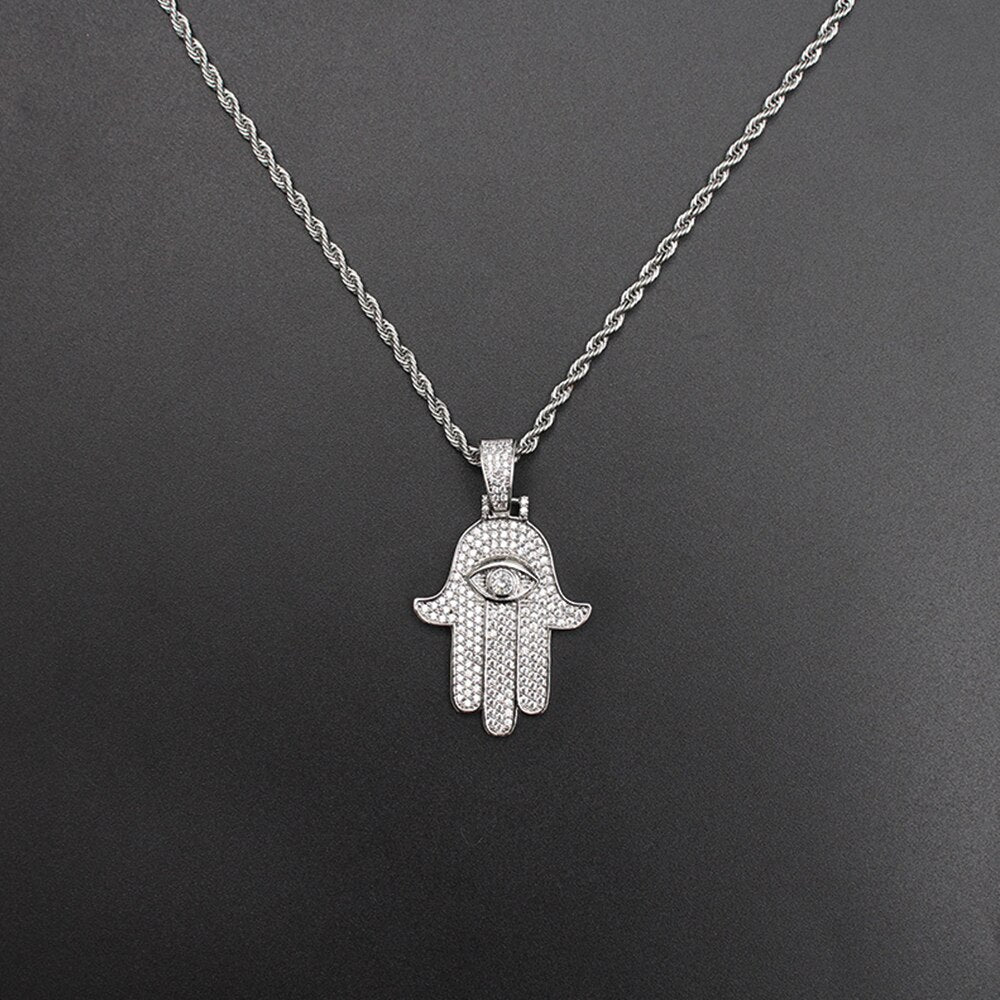 Iced Out Hamsa Hand Fatima Palm Pendant Necklace Free Steel Chain Gold Silver Color Cubic Zircon Men Hip Hop Chain Jewelry Gift