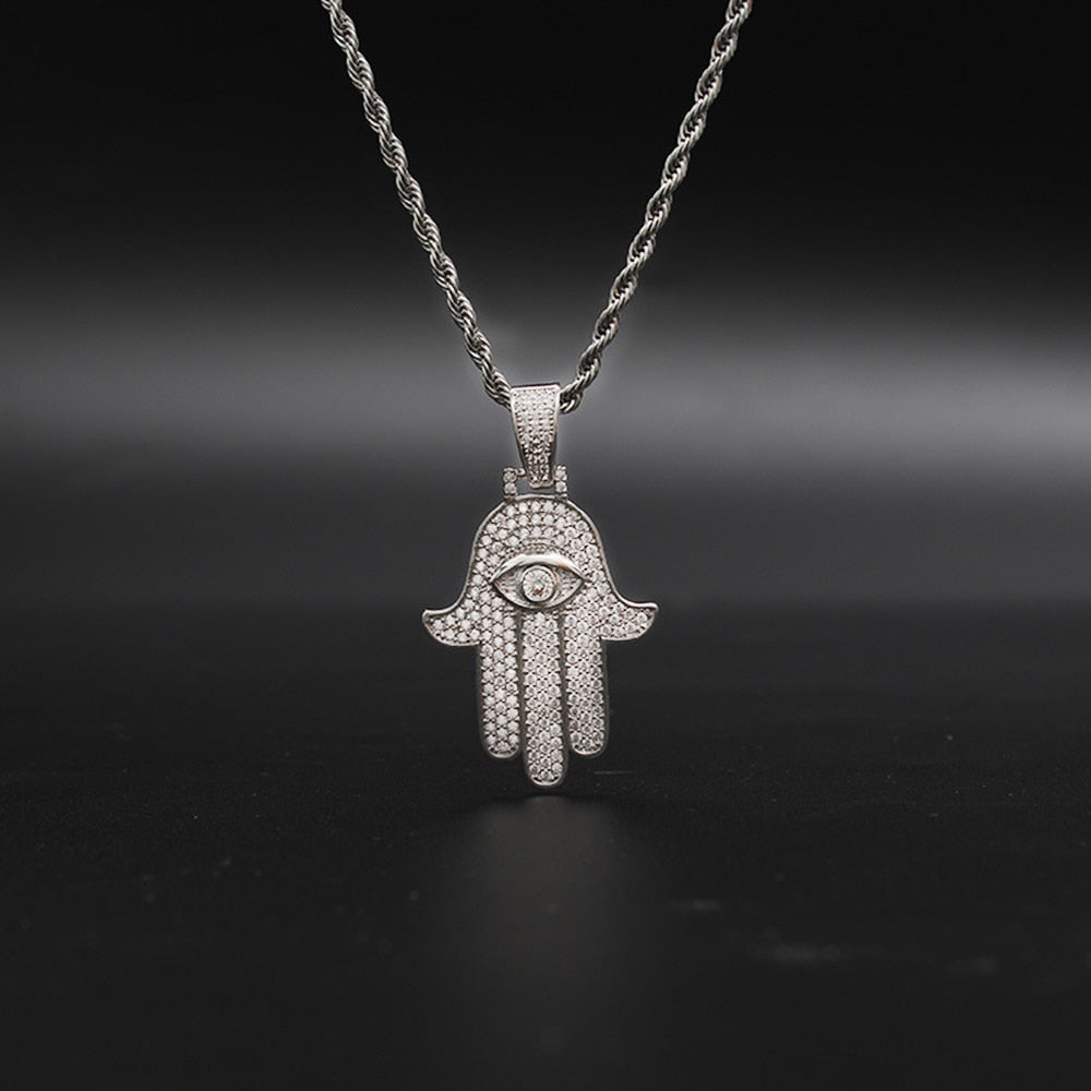 Iced Out Hamsa Hand Fatima Palm Pendant Necklace Free Steel Chain Gold Silver Color Cubic Zircon Men Hip Hop Chain Jewelry Gift