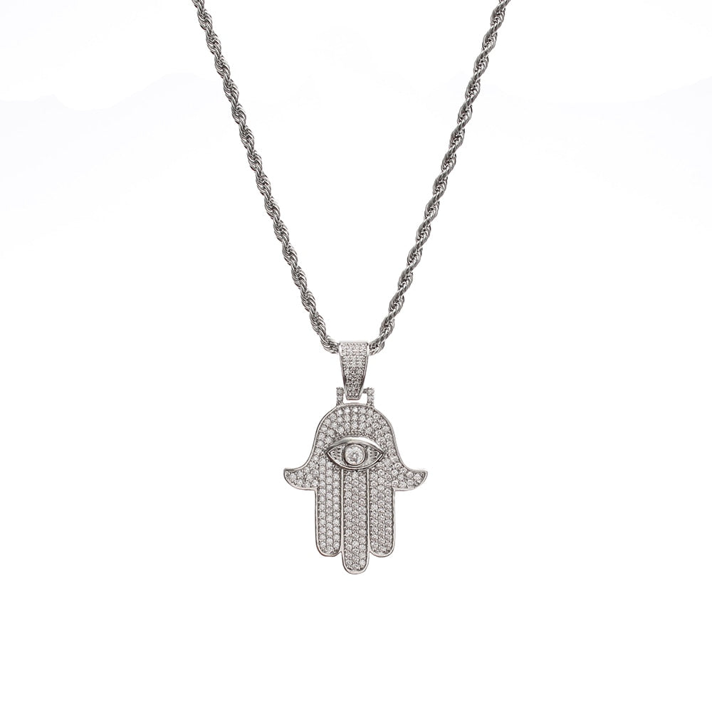 Iced Out Hamsa Hand Fatima Palm Pendant Necklace Free Steel Chain Gold Silver Color Cubic Zircon Men Hip Hop Chain Jewelry Gift