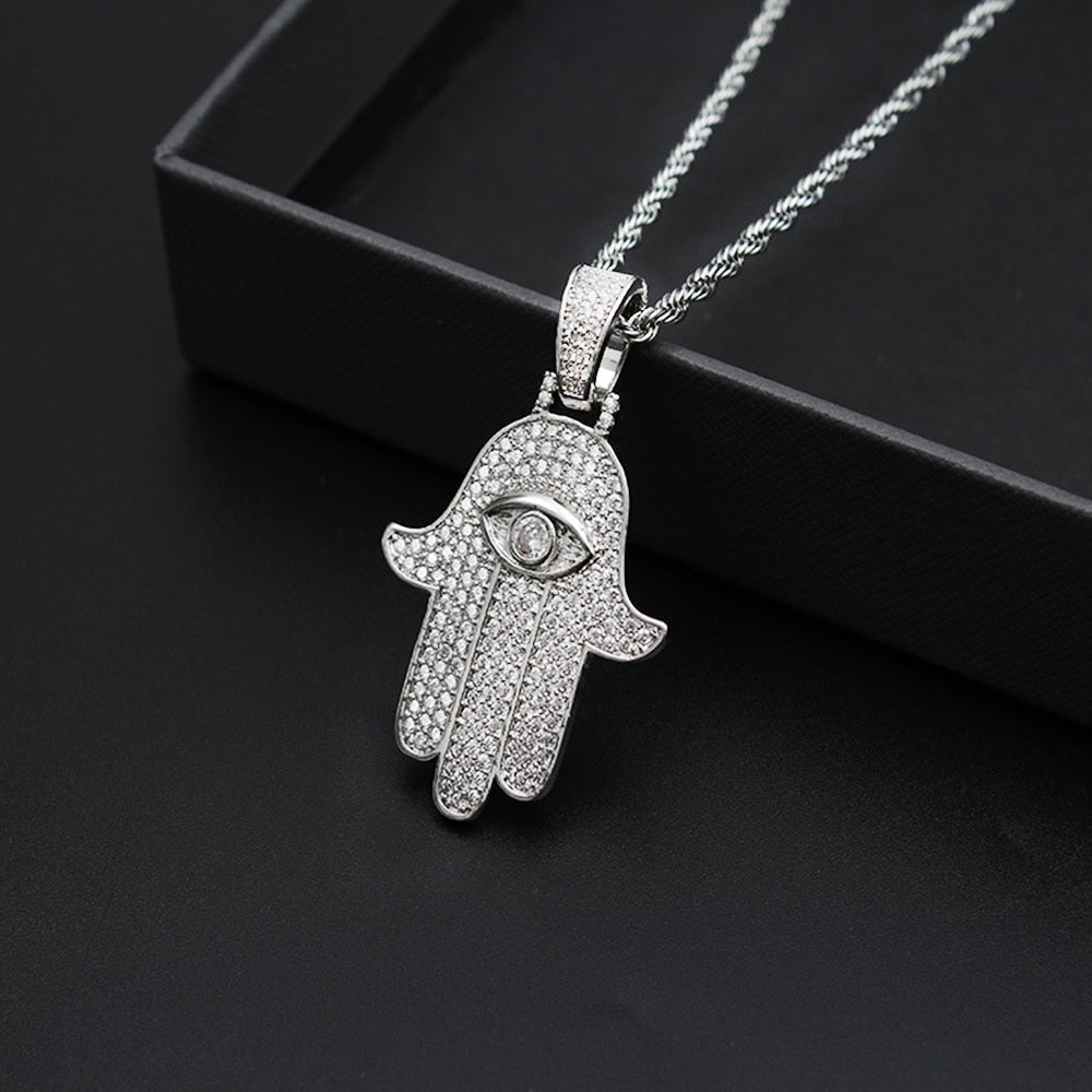 Iced Out Hamsa Hand Fatima Palm Pendant Necklace Free Steel Chain Gold Silver Color Cubic Zircon Men Hip Hop Chain Jewelry Gift