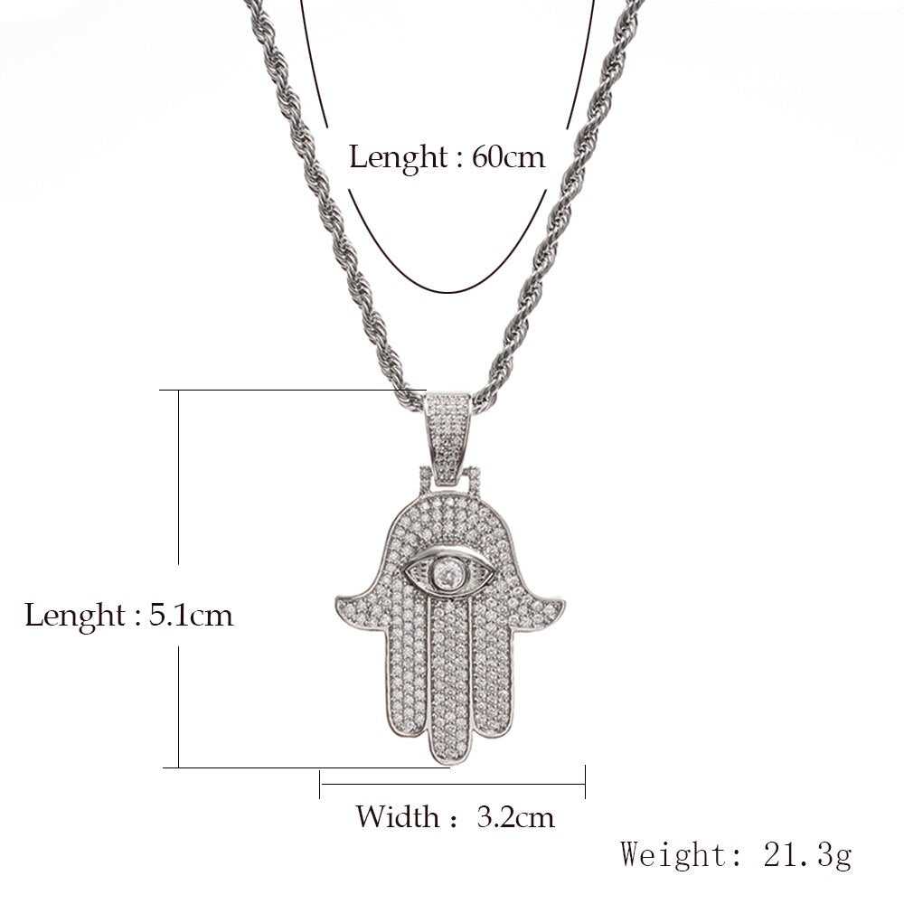 Iced Out Hamsa Hand Fatima Palm Pendant Necklace Free Steel Chain Gold Silver Color Cubic Zircon Men Hip Hop Chain Jewelry Gift
