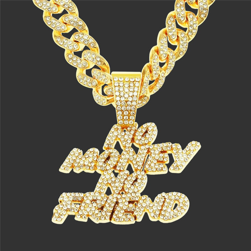 Iced Out Letters Pendant Necklace NO MONEY NO FRIEDN AAA Zircon Men'S Charms Necklace Hip Hop Jewelry With Miami Cuban Chain