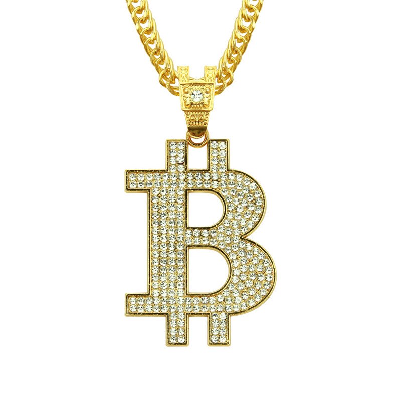 Iced Out Micro Pave Zircon Bitcoin Pendant Initial B Letter Charm Necklace Hip Hop Bling Jewelry Gift