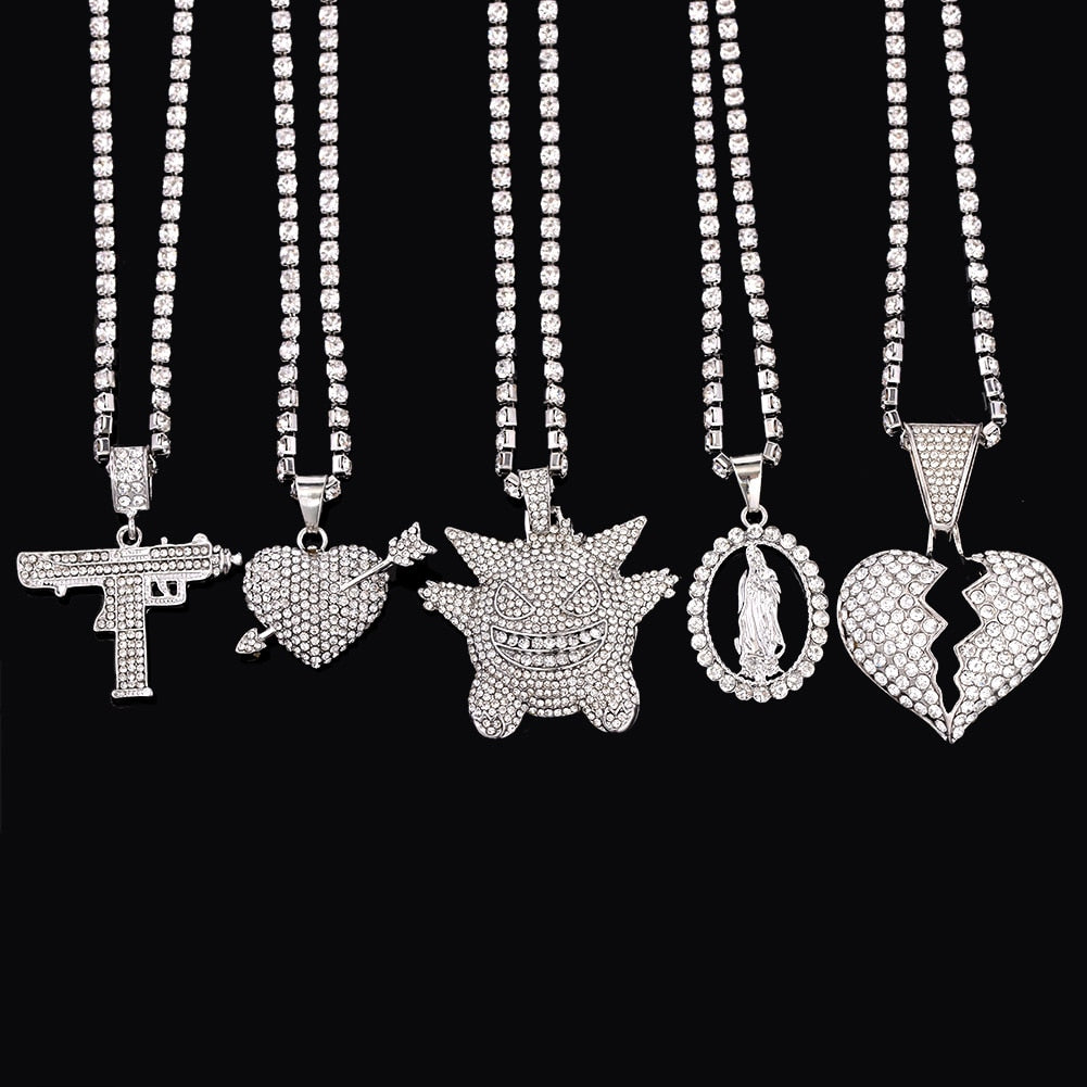 Iced Out Shining  Crystal UZI Gun Pendants Tennis Necklaces For Women Men Gothic Hip Hop Heart Rhinestone Choker Jewelry