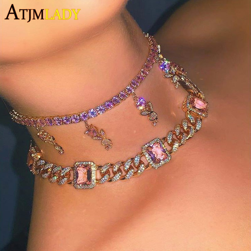 Iced Out Sparking Bling CZ Pink Pinky Necklace Women Jewelry Bling 5A CZ Tennis Chain Cute Lovely Bunny Charm Drip CZ Choker