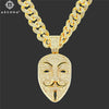 Iced Out V For Vendetta Pendant Necklace For Men Bling Rhinestone Cuban Chain Anonymous Hacker Mask Charm Choker Rapper Jewelry