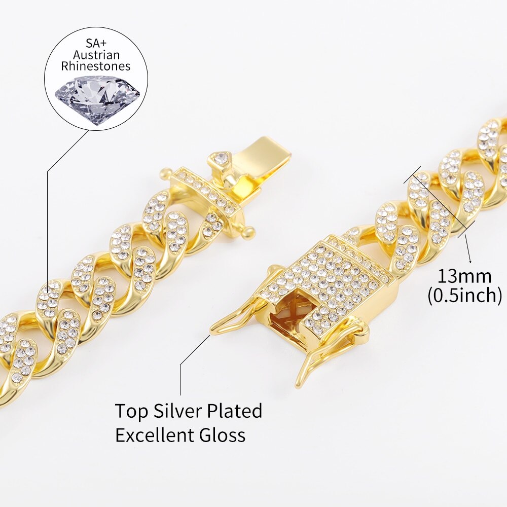 Iced Out men Cuban Necklace Chain Hip hop Jewelry Choker Gold Silver Color Rhinestone CZ Clasp for Men Rapper Necklaces Link