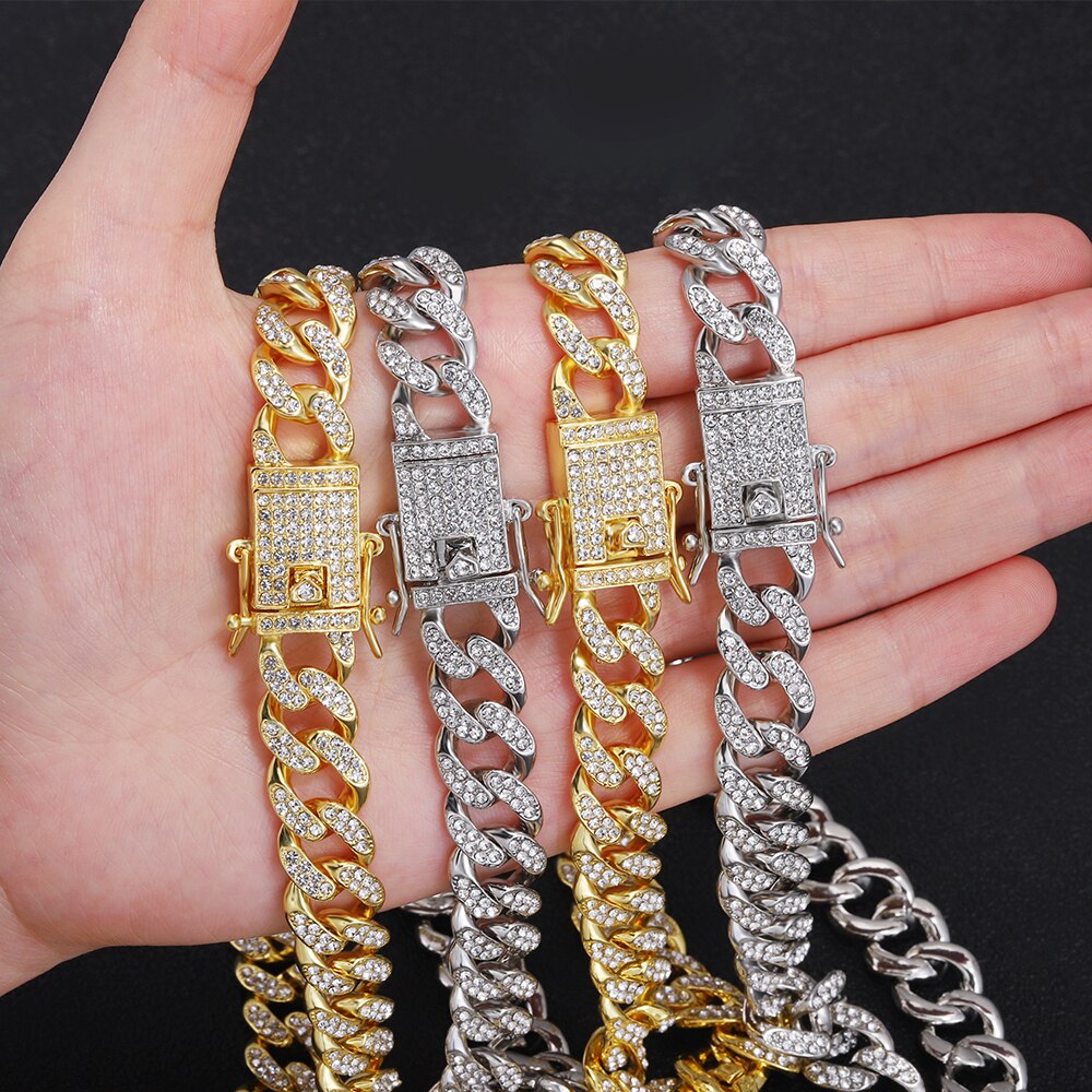 Iced Out men Cuban Necklace Chain Hip hop Jewelry Choker Gold Silver Color Rhinestone CZ Clasp for Men Rapper Necklaces Link