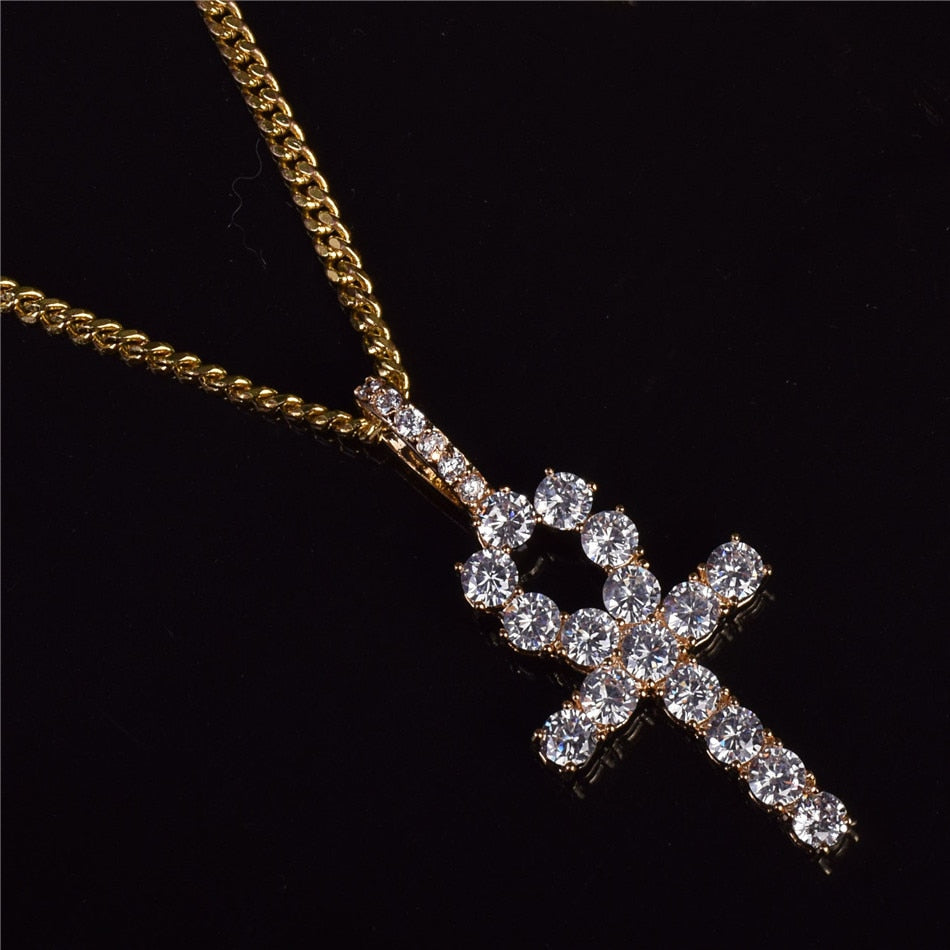 Iced Zircon Ankh Cross Pendant Gold Silver Copper Material CZ Egyptian Key of Life Pendant Necklace Men Women Hop Jewelry