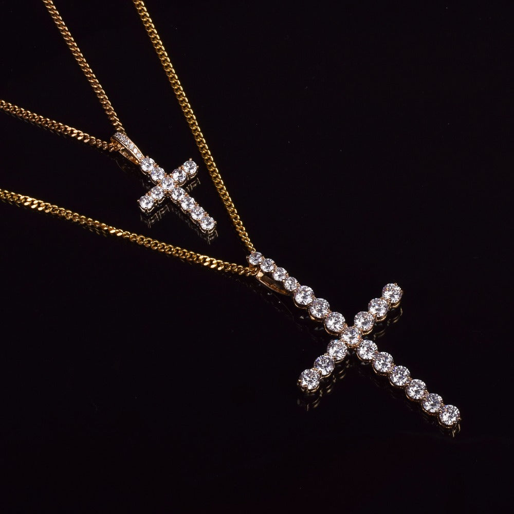 Iced Zircon Two Cross Necklace Set Gold Silver Copper Material Bling CZ Cross Necklace Chain Men Women Hop Jewelry