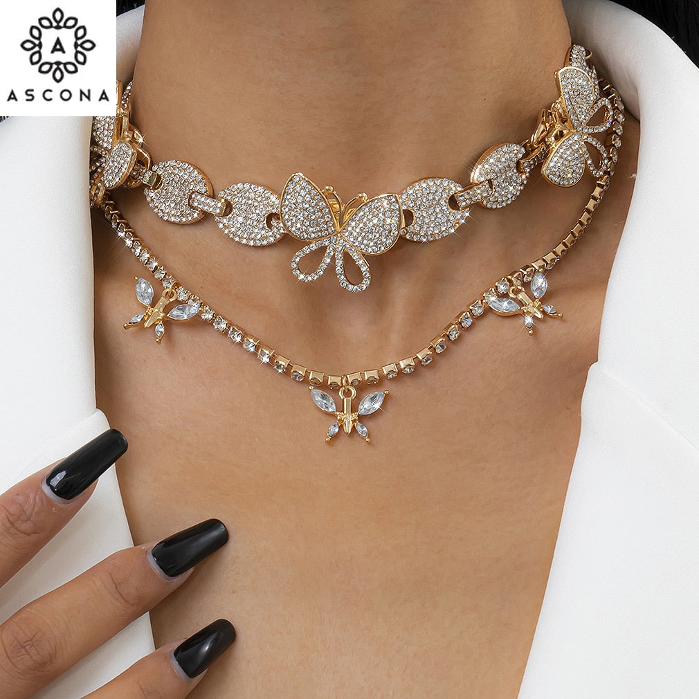 Iced out butterfly necklace set Cuban link chain choker necklace Women's rhinestone butterfly chains bling hip hop jewelry Gift