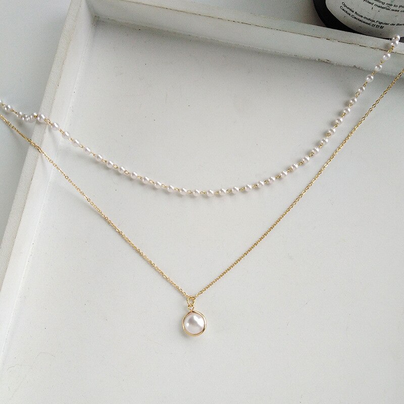 Imitation Pearl Choker Two Layer Golden Silver Color Necklace for Women Pendant Neck Jewelry