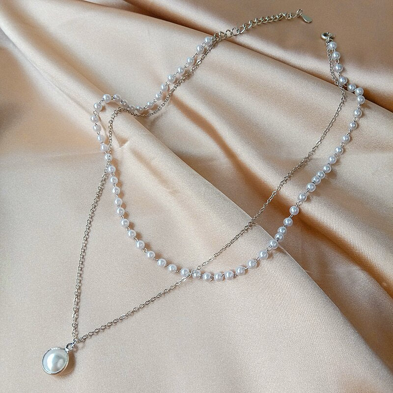 Imitation Pearl Choker Two Layer Golden Silver Color Necklace for Women Pendant Neck Jewelry