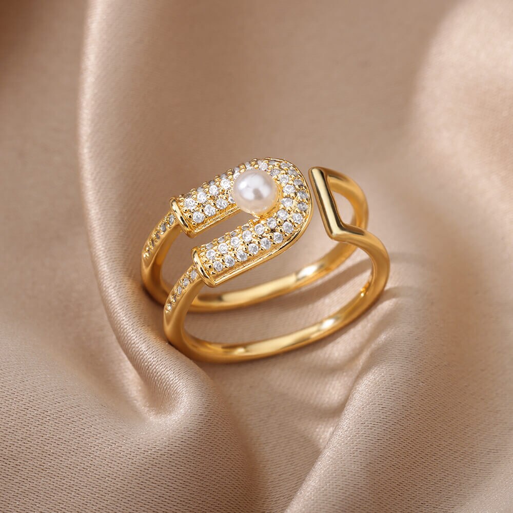Imitation Pearls Rings for Women  Stainless Steel Gold Color Ring Cubic Zirconia Romantic Wedding Jewelry anillos mujer