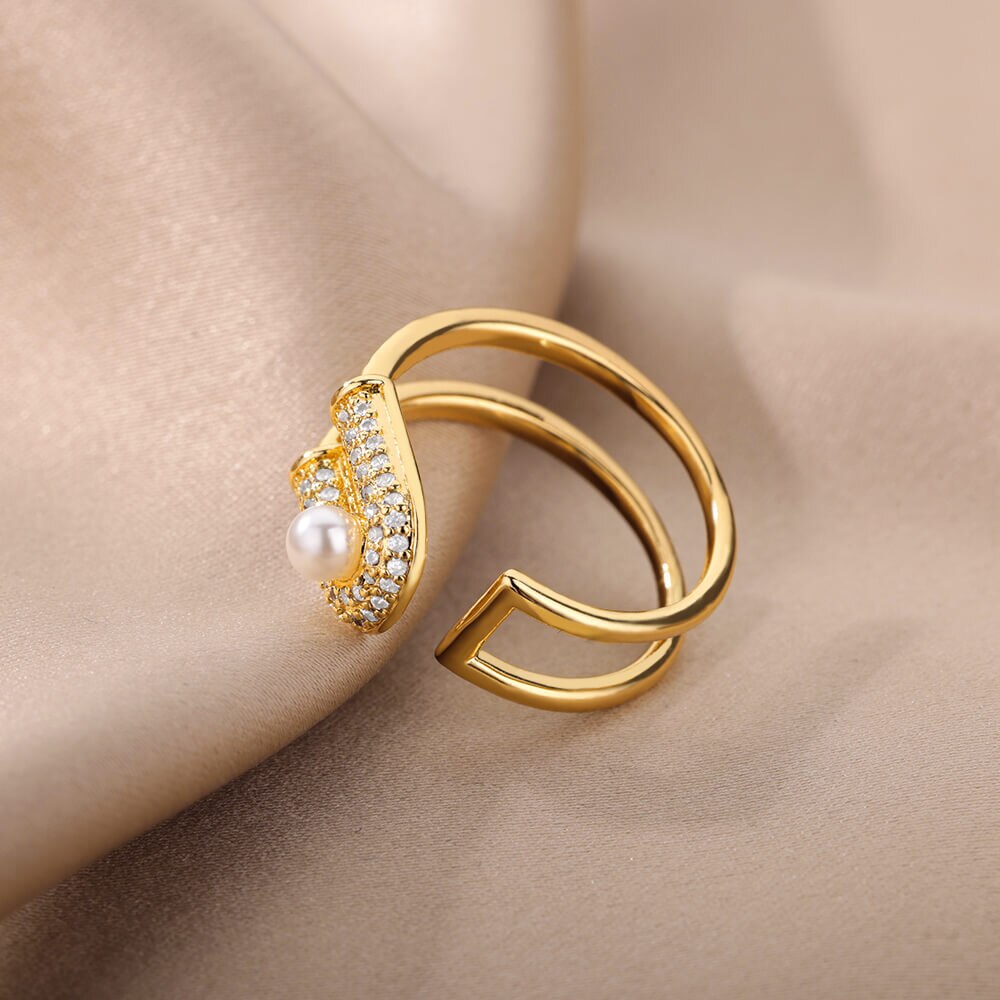 Imitation Pearls Rings for Women  Stainless Steel Gold Color Ring Cubic Zirconia Romantic Wedding Jewelry anillos mujer