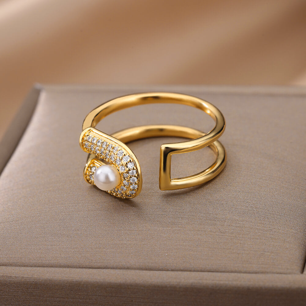 Imitation Pearls Rings for Women  Stainless Steel Gold Color Ring Cubic Zirconia Romantic Wedding Jewelry anillos mujer