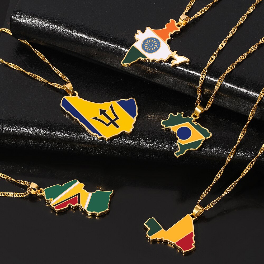 India Barbados Guyana Mali Brazil Map Pendant Necklace Women Men Gold Color Maps Hiphop Item Ethnic Jewelry 2021 Gifts