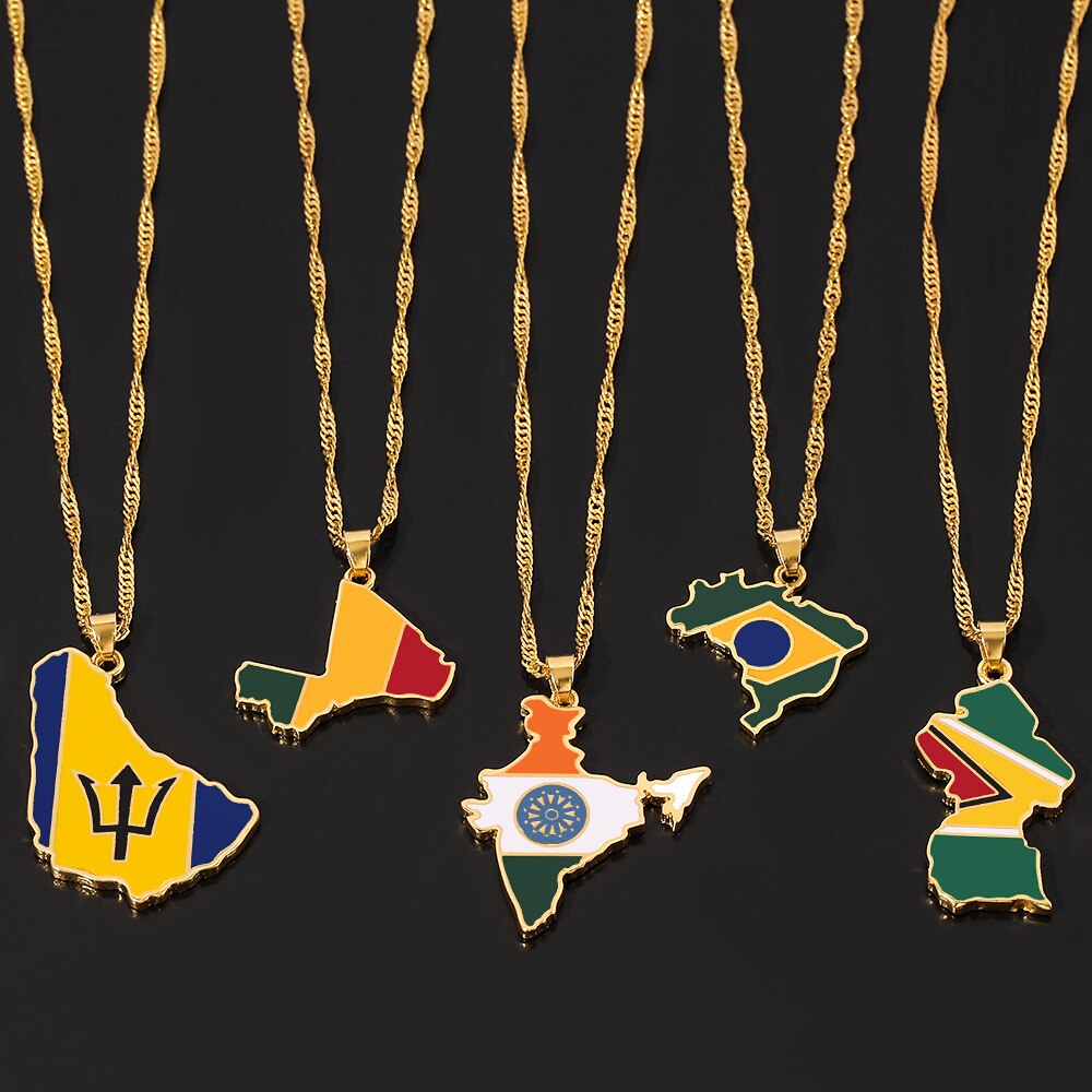 India Barbados Guyana Mali Brazil Map Pendant Necklace Women Men Gold Color Maps Hiphop Item Ethnic Jewelry 2021 Gifts