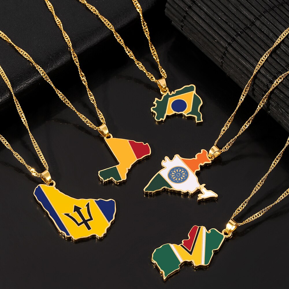India Barbados Guyana Mali Brazil Map Pendant Necklace Women Men Gold Color Maps Hiphop Item Ethnic Jewelry 2021 Gifts