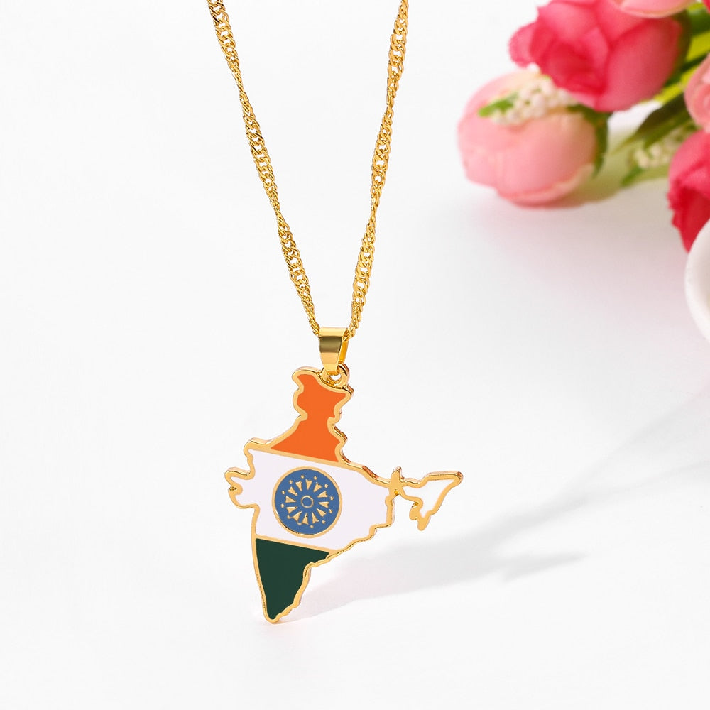 India Map Flag Pendant Necklaces Gold Color Water Wave Chain Map of Indian Necklace Women Choker Jewelry Accessories Gift