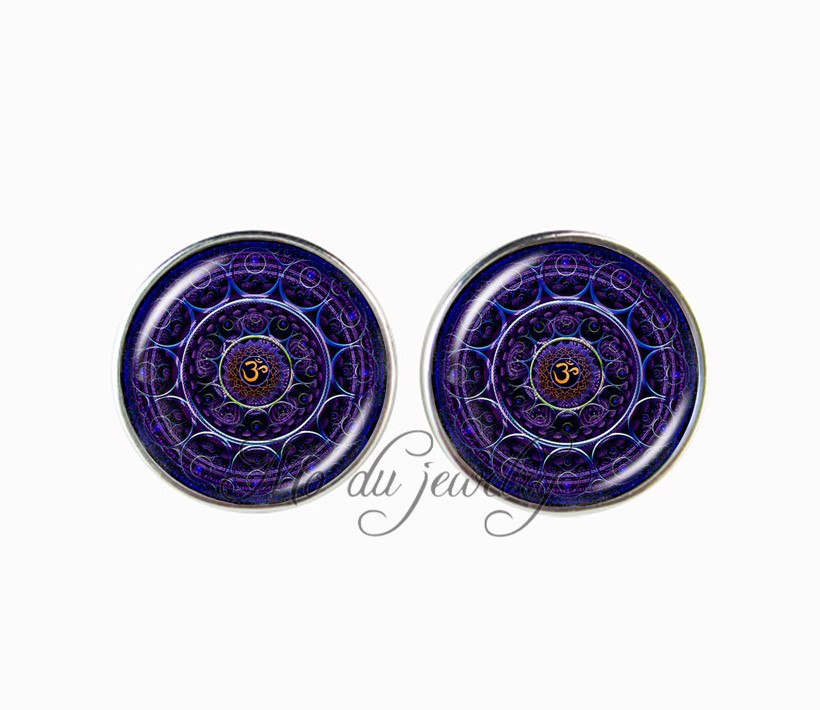 Indian om earring mandala flower stud earring glass cabochon round statement earring for women yoga jewelry spiritual pendant