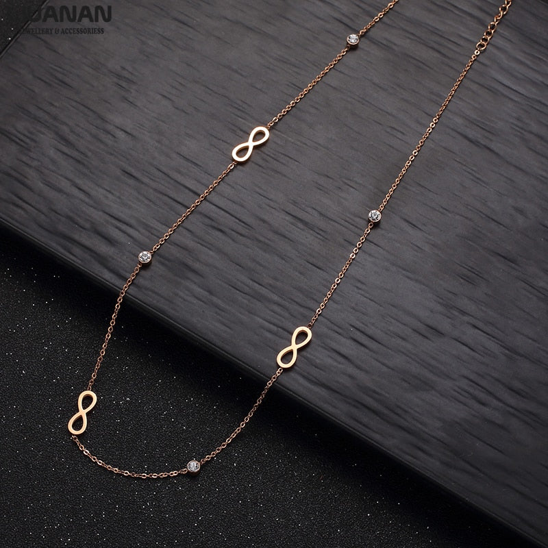 Infinity Necklace Heart CZ Crystal Chain Necklaces for Women Choker 41+6cm Lucky Number Eight Geometric Stainless Steel Jewelry