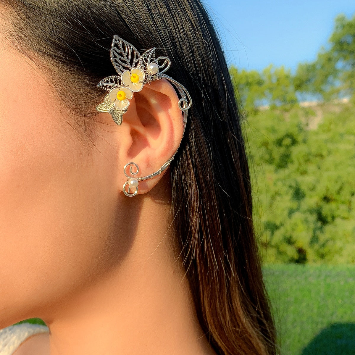 IngeSight.Z 1 Pc Chic Pearl Hollowed Flower Leaf Elf Ear Earring Clips for Women Vintage Silver Color Metal No Piercing Hanging