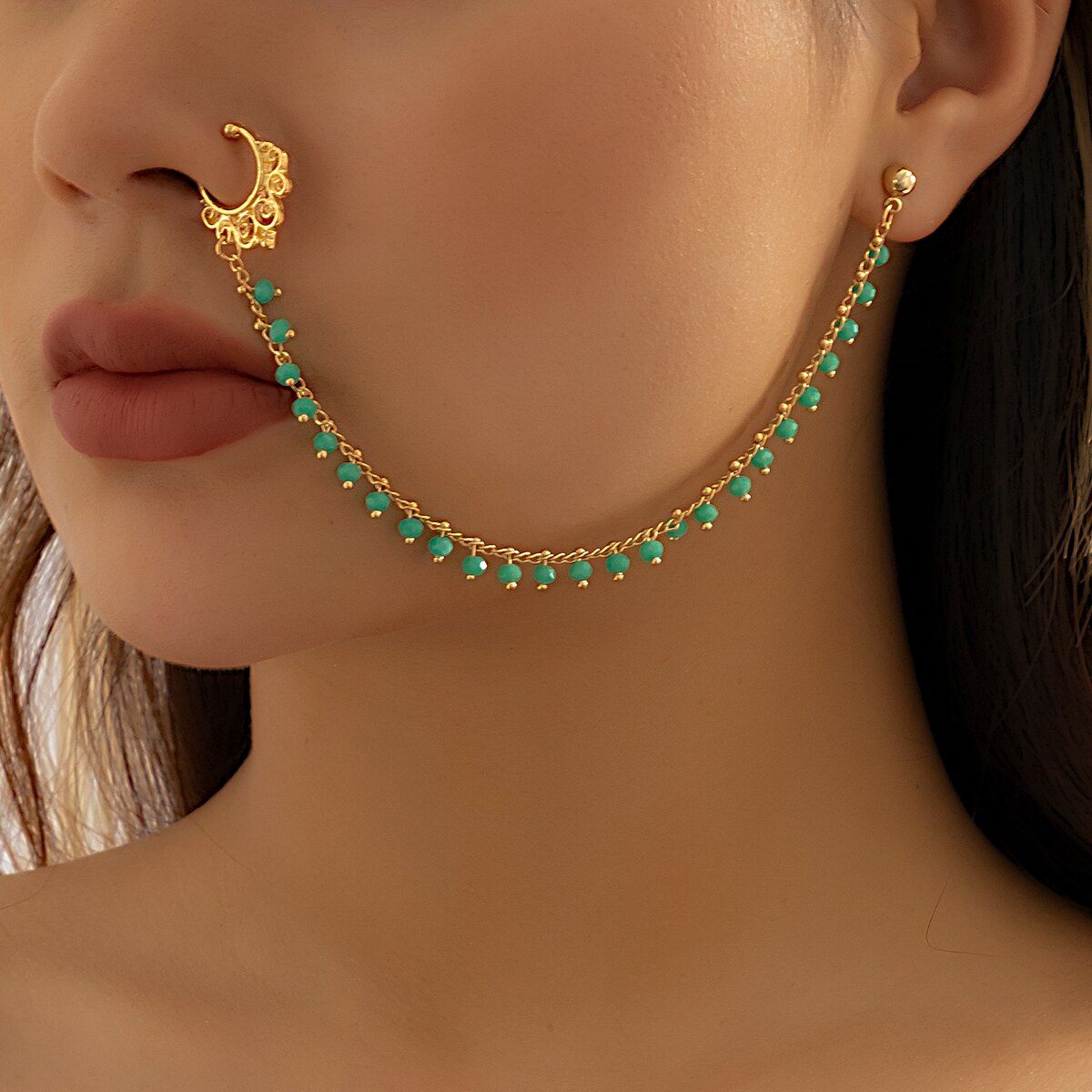 IngeSight.Z 1 pcs Green Beaded Long Dangle Piercing Nose Clip Chain for Women Hollow Metal Copper Chain Ear Cuffs Body Jewelry