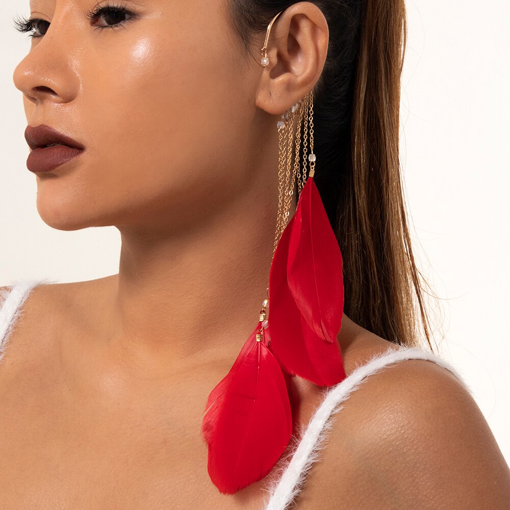 IngeSight.Z 1PC Black/Red Color Feather Tassel Long Earrings Korean Elegant Arc Ear Hanging Fake Cartilage Clip Earrings Jewelry
