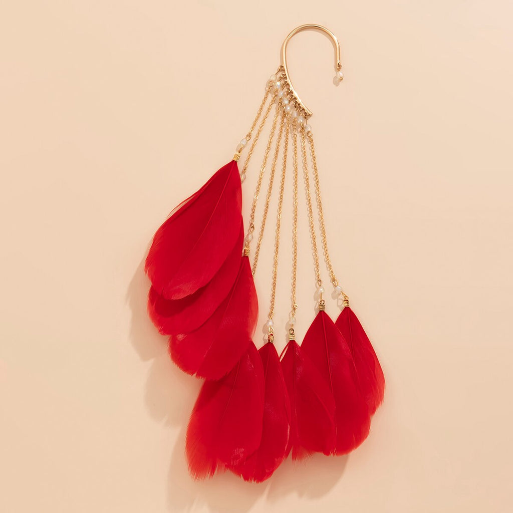 IngeSight.Z 1PC Black/Red Color Feather Tassel Long Earrings Korean Elegant Arc Ear Hanging Fake Cartilage Clip Earrings Jewelry
