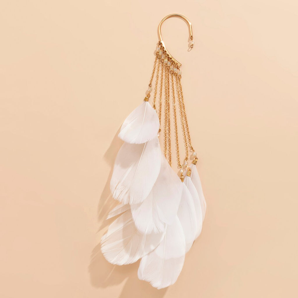 IngeSight.Z 1PC Black/Red Color Feather Tassel Long Earrings Korean Elegant Arc Ear Hanging Fake Cartilage Clip Earrings Jewelry