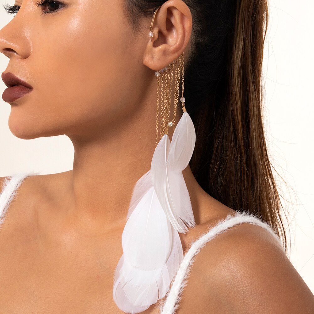 IngeSight.Z 1PC Black/Red Color Feather Tassel Long Earrings Korean Elegant Arc Ear Hanging Fake Cartilage Clip Earrings Jewelry