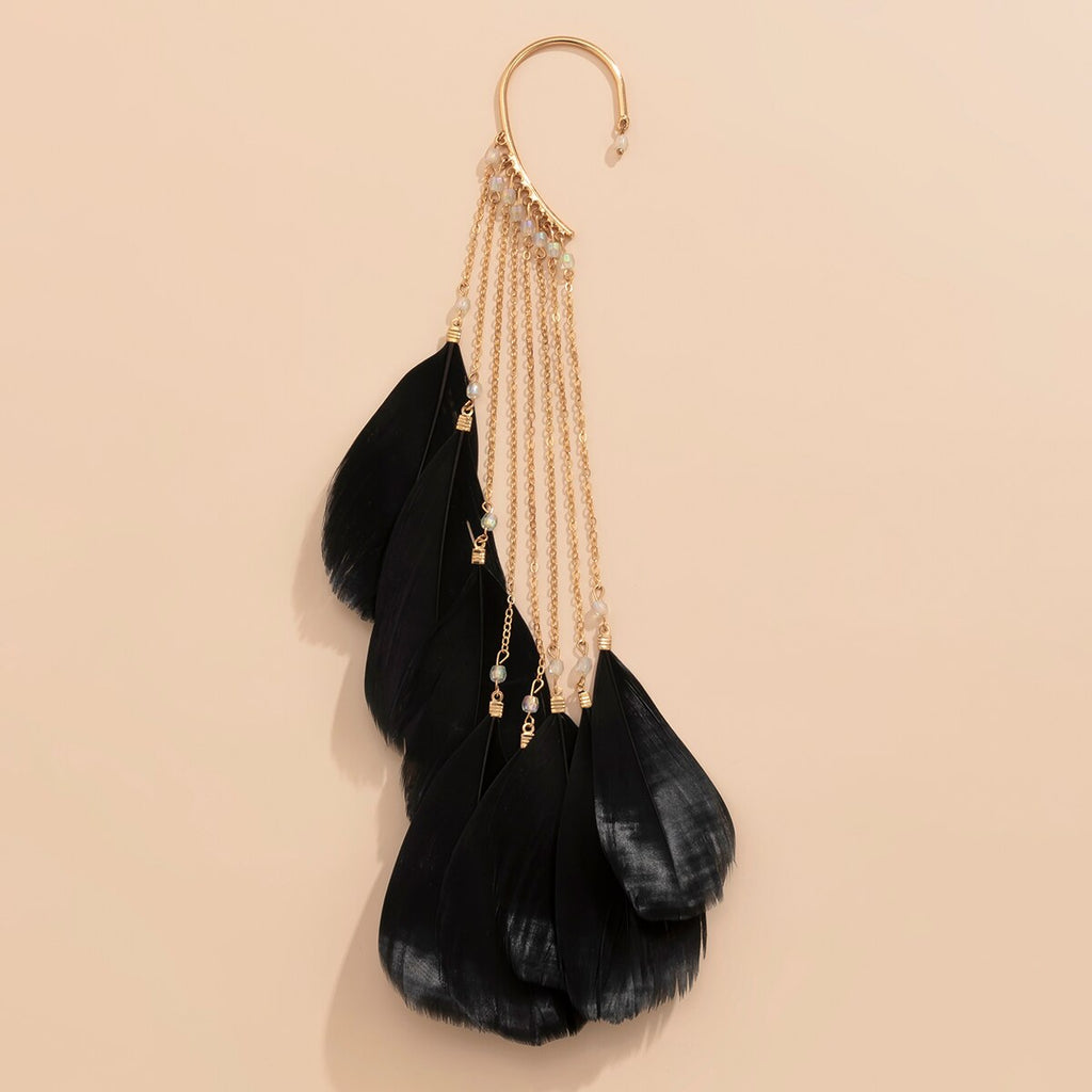 IngeSight.Z 1PC Black/Red Color Feather Tassel Long Earrings Korean Elegant Arc Ear Hanging Fake Cartilage Clip Earrings Jewelry