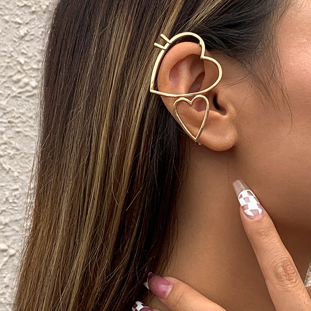 IngeSight.Z 1PC Cute Double Heart Clip Earrings Without Piercing Simple Arc Ear Hanging Earrings Fake Cartilage Ear Bone Jewelry