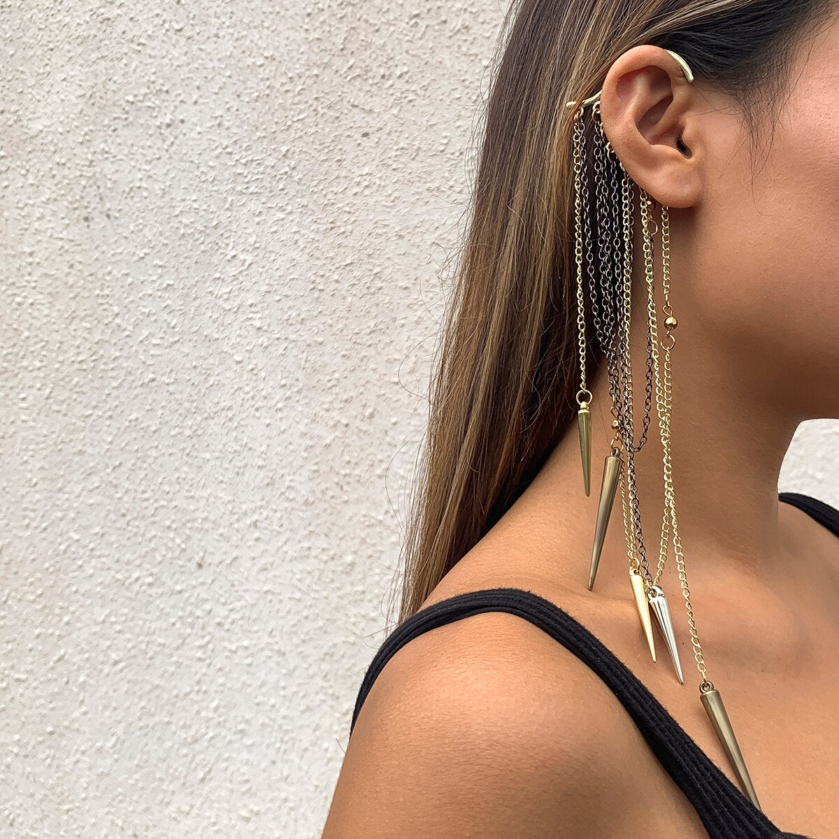 IngeSight.Z 1PC Retro Metal Rivet Long Tassel Earrings Arc Ear Hanging Fake Cartilage Clip Earrings Without Piercing Jewelry