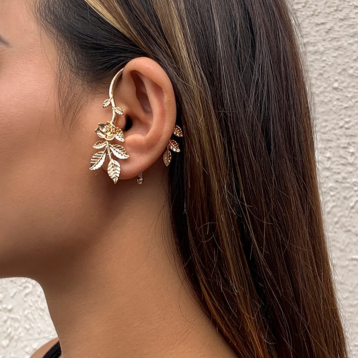 IngeSight.Z 1PC Rose Flower Leaves Clip Earrings Without Piercing Korean Arc Hanging Earrings Fake Cartilage Ear Bone Jewelry