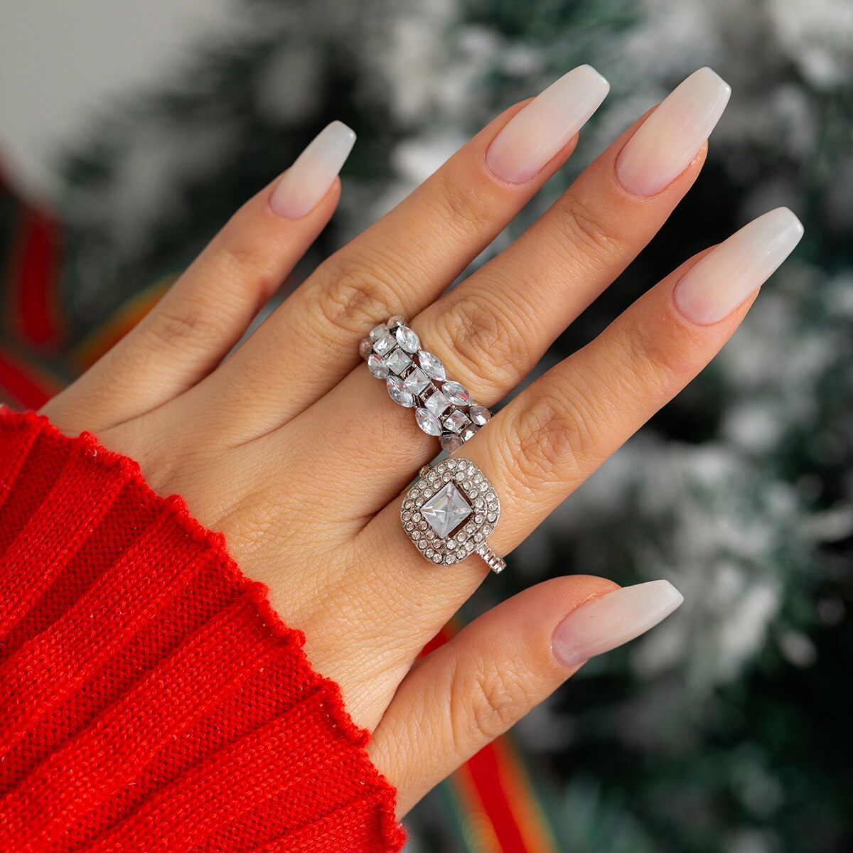 IngeSight.Z 2 Pcs Hollow Full Rhinestone Ring Set for Women  Silver Color Crystal Bridal Wedding Party Jewelry Finger Ring