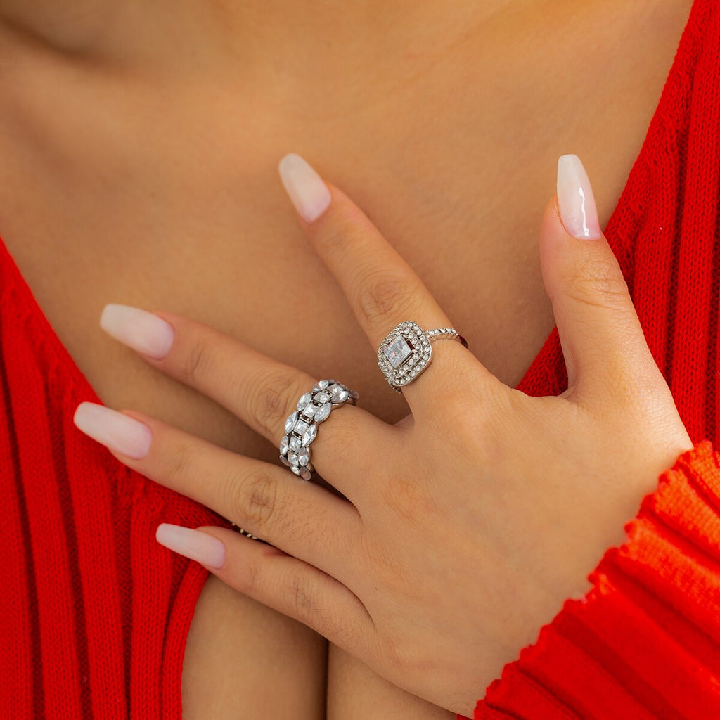 IngeSight.Z 2 Pcs Hollow Full Rhinestone Ring Set for Women  Silver Color Crystal Bridal Wedding Party Jewelry Finger Ring