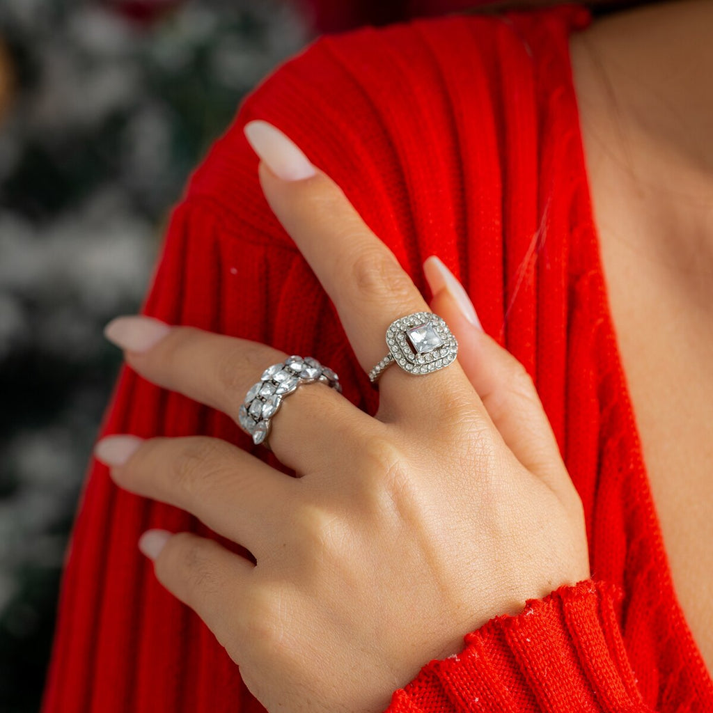 IngeSight.Z 2 Pcs Hollow Full Rhinestone Ring Set for Women  Silver Color Crystal Bridal Wedding Party Jewelry Finger Ring