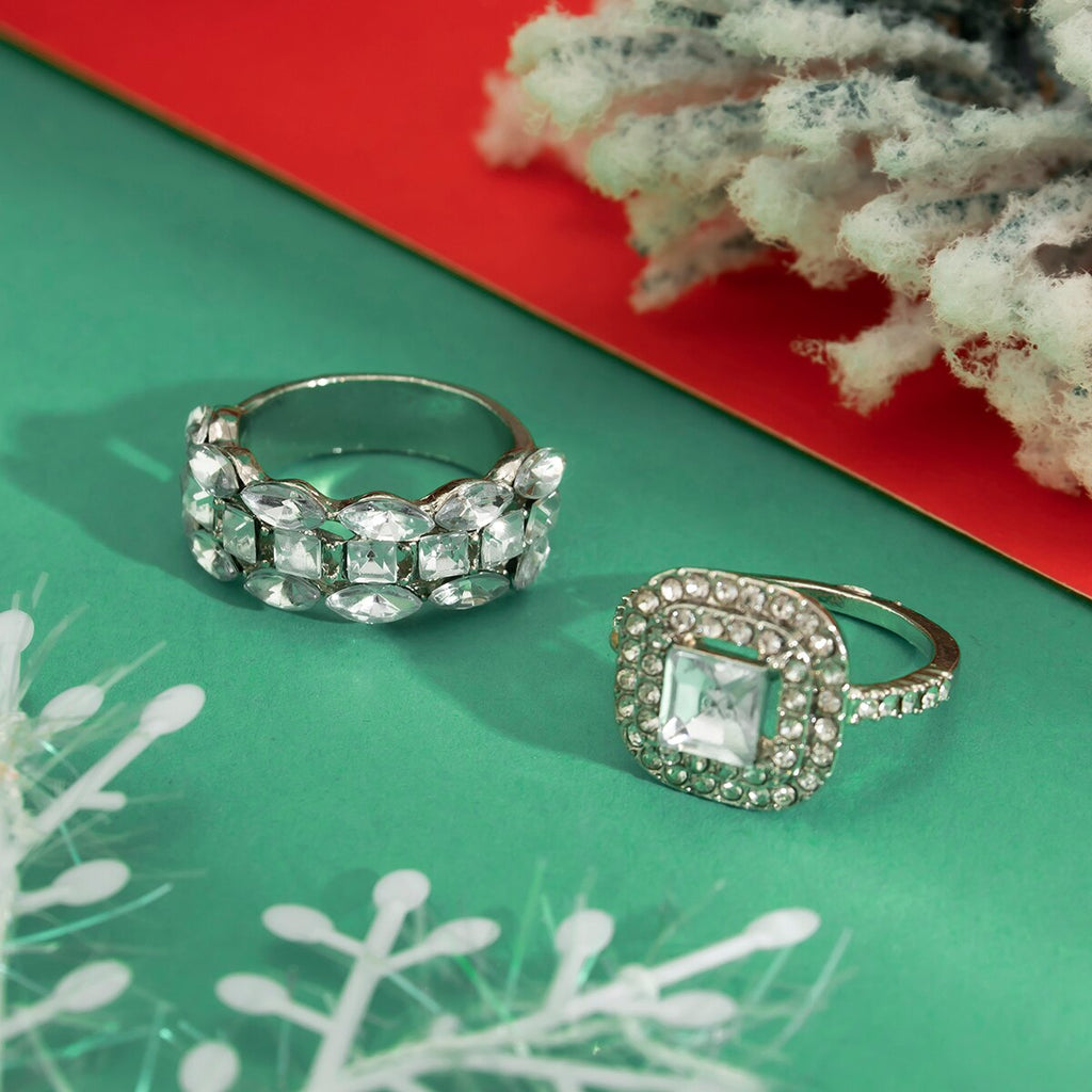 IngeSight.Z 2 Pcs Hollow Full Rhinestone Ring Set for Women  Silver Color Crystal Bridal Wedding Party Jewelry Finger Ring