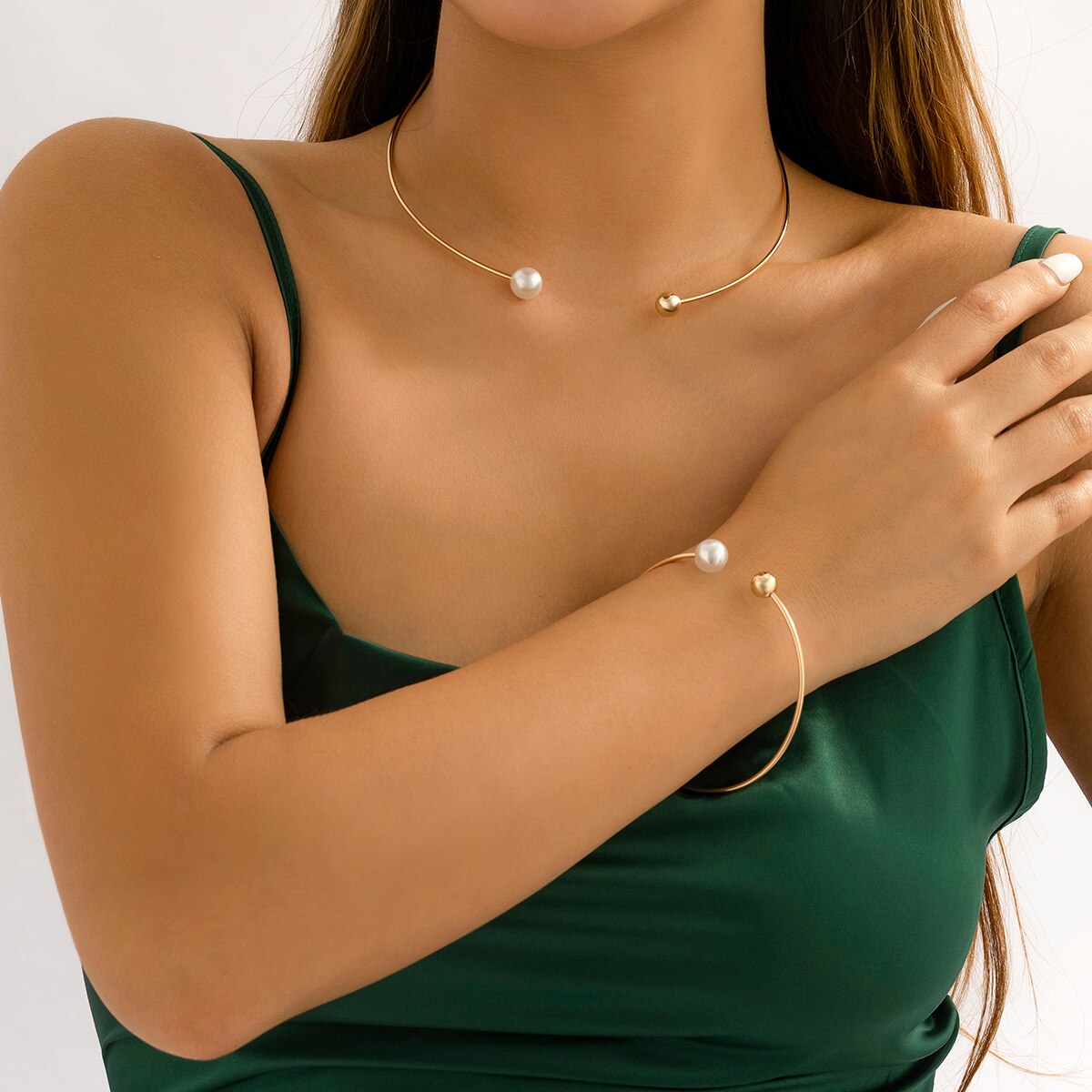 IngeSight.Z 2PCS/Set Simple Simulated Pearl CCB Bead Chokers Necklace Bracelet For Women Punk Adjustable Wedding Jewelry Gift