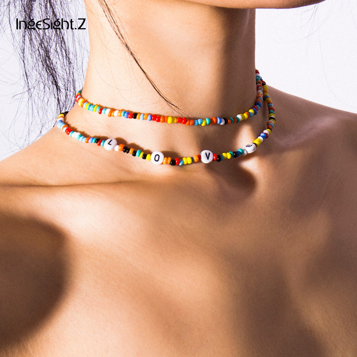IngeSight.Z 2Pcs/Lot Bohemian Colorful Bead Choker Necklace Collar Statement Letter LOVE Clavicle Chain Women Necklaces Jewelry