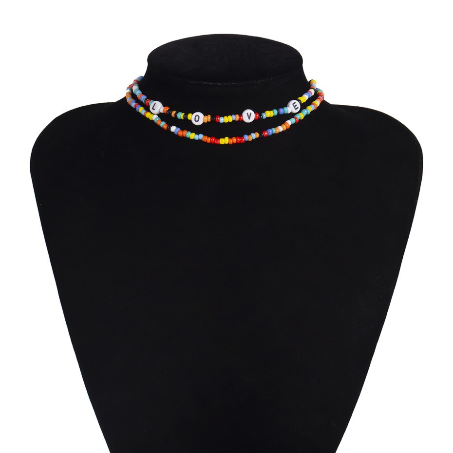 IngeSight.Z 2Pcs/Lot Bohemian Colorful Bead Choker Necklace Collar Statement Letter LOVE Clavicle Chain Women Necklaces Jewelry