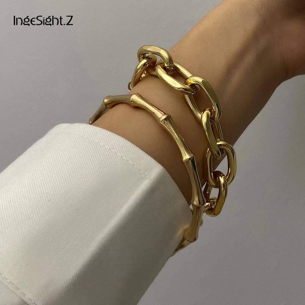 IngeSight.Z 2Pcs/Lot Punk Gold Color Chunky Thick Bracelets Bangle for Women Miami Cuban Carved Coin Pendant Bamboo Bracelet