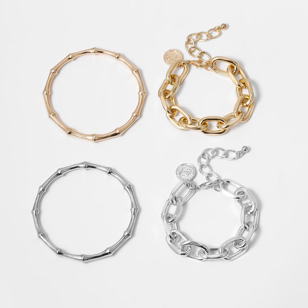 IngeSight.Z 2Pcs/Lot Punk Gold Color Chunky Thick Bracelets Bangle for Women Miami Cuban Carved Coin Pendant Bamboo Bracelet