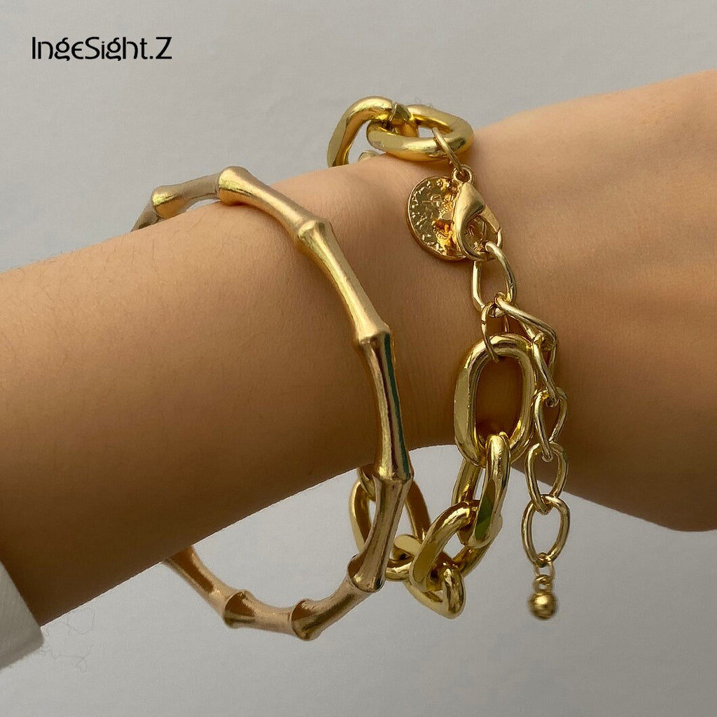 IngeSight.Z 2Pcs/Lot Punk Gold Color Chunky Thick Bracelets Bangle for Women Miami Cuban Carved Coin Pendant Bamboo Bracelet